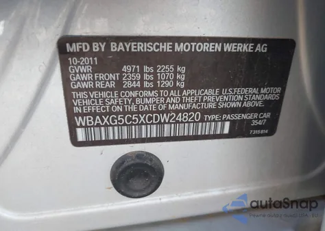 2012 BMW 528I z USA, uszkodzony, nr VIN WBAXG5C5XCDW24820